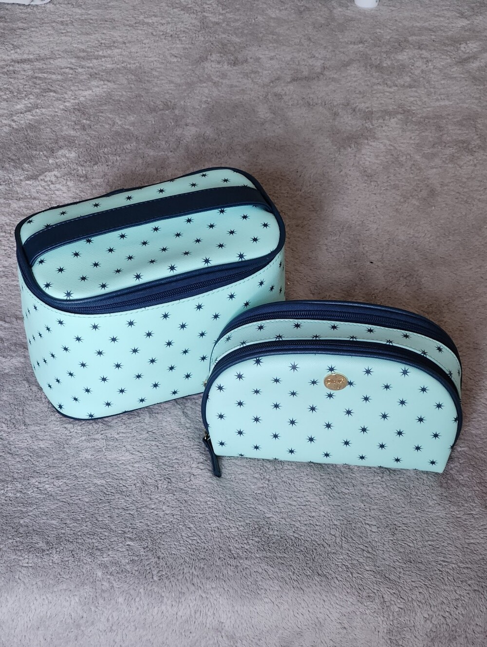 Dabney Lee Mint Navy Star Print Cosmetic Travel Toiletries Bag Pouch Duo Set